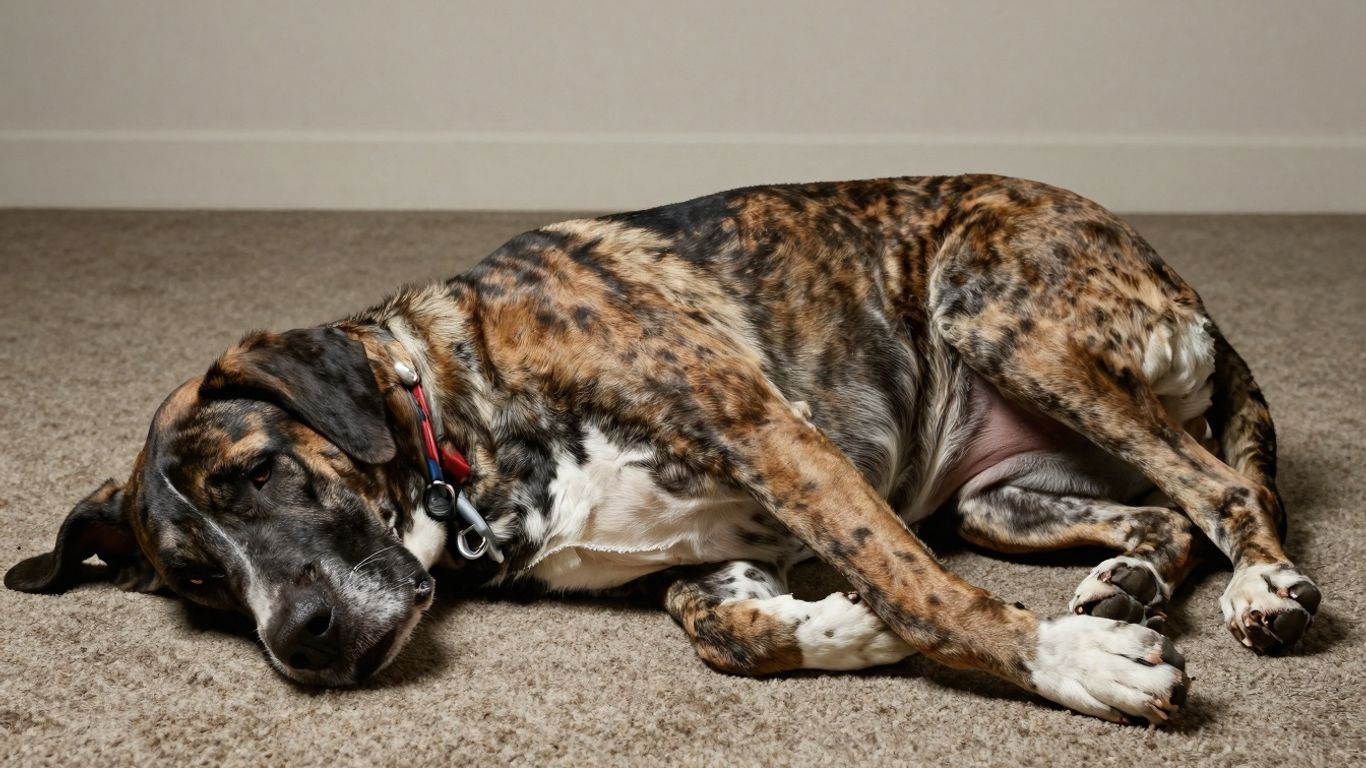 Hond met opgezwollen buik, mogelijk maagkanteling.