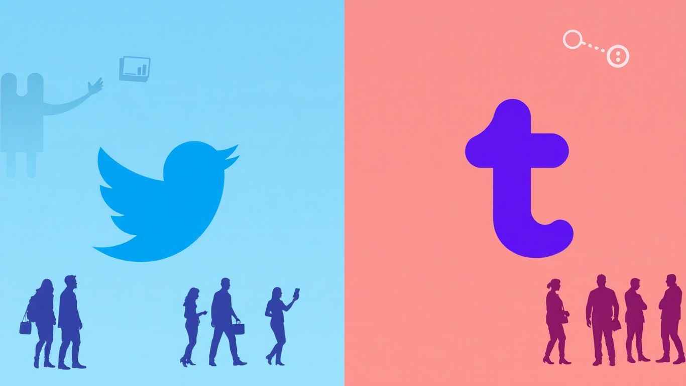 Twitter and Tumblr logos with abstract user silhouettes.