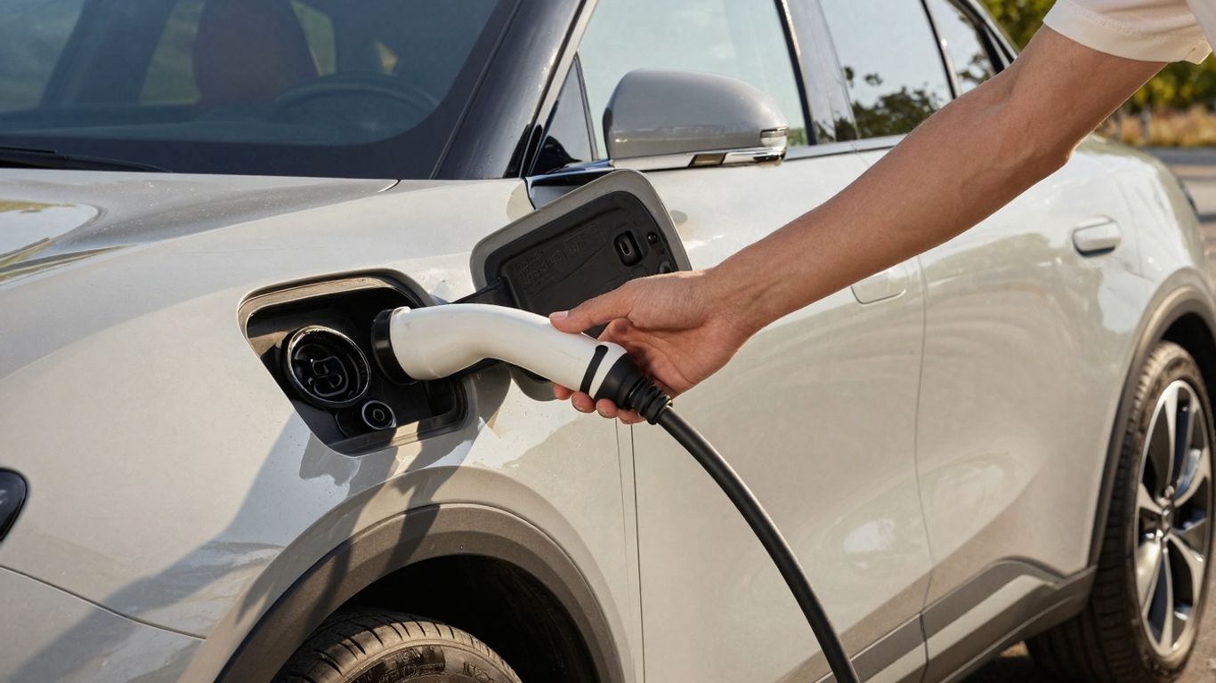 Voiture électrique neuve avec une main près du port de recharge.