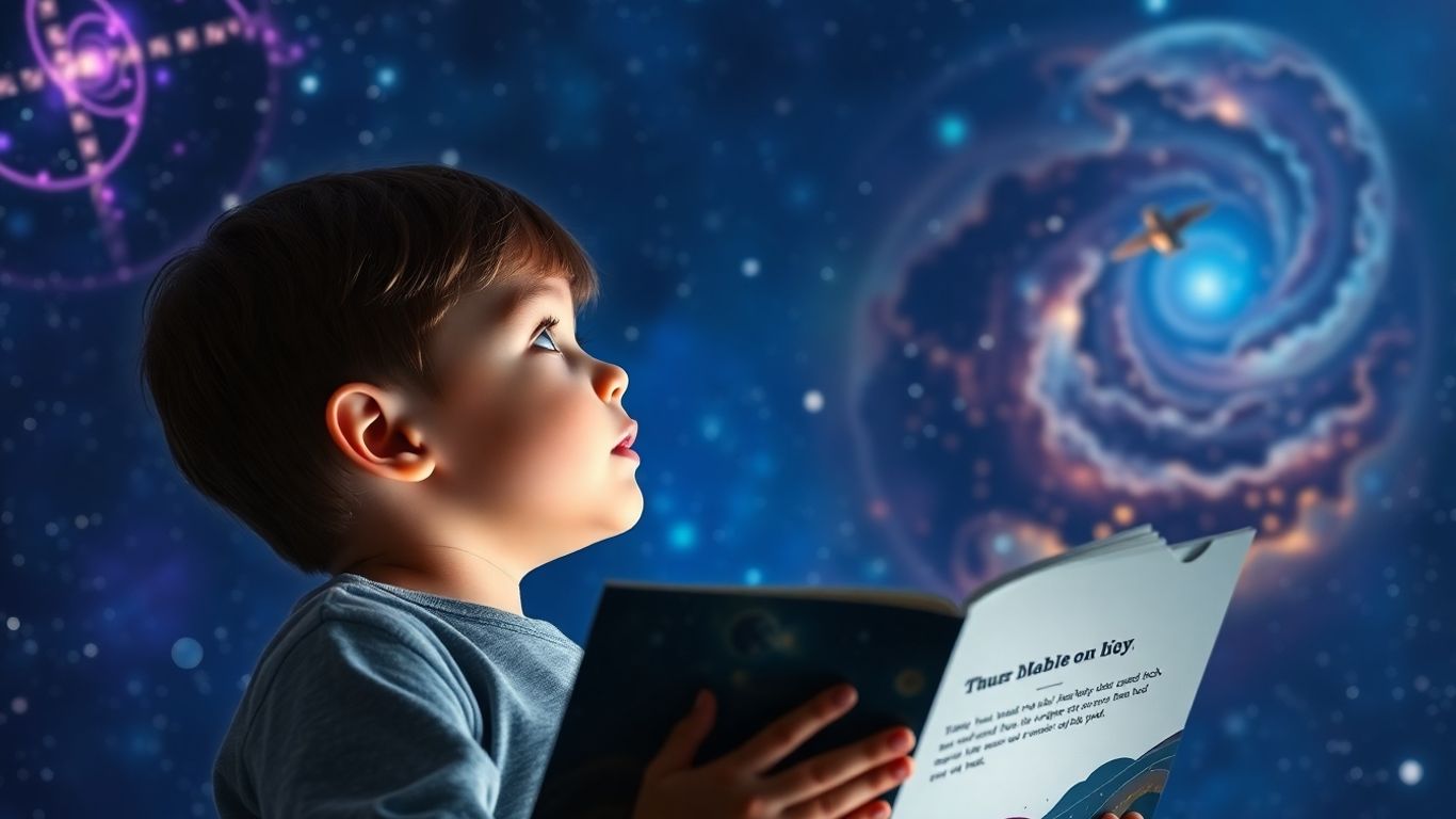 Child looking at starry sky with space book