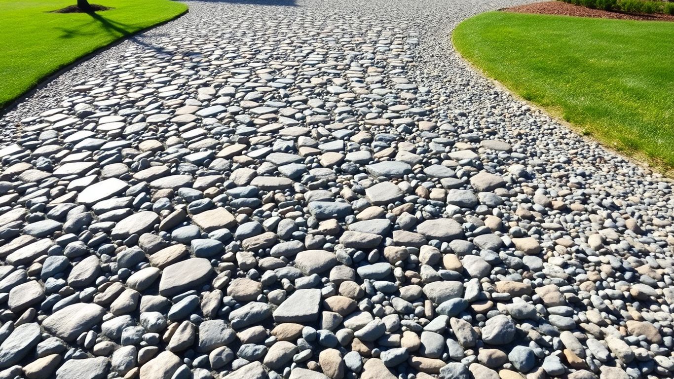 River rock and pea gravel driveway with landscaping