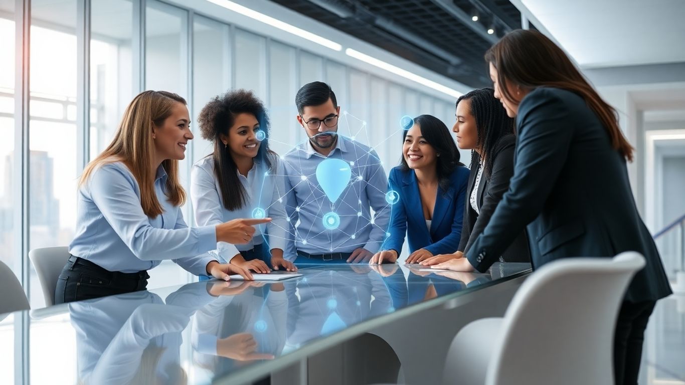 Profesionales que colaboran en un entorno tecnológico futurista.