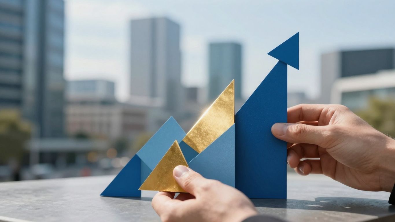 Berlin skyline with abstract financial shapes.