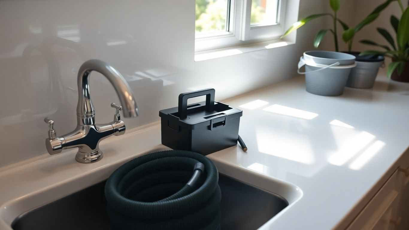 Plumbing tools and clean sink.