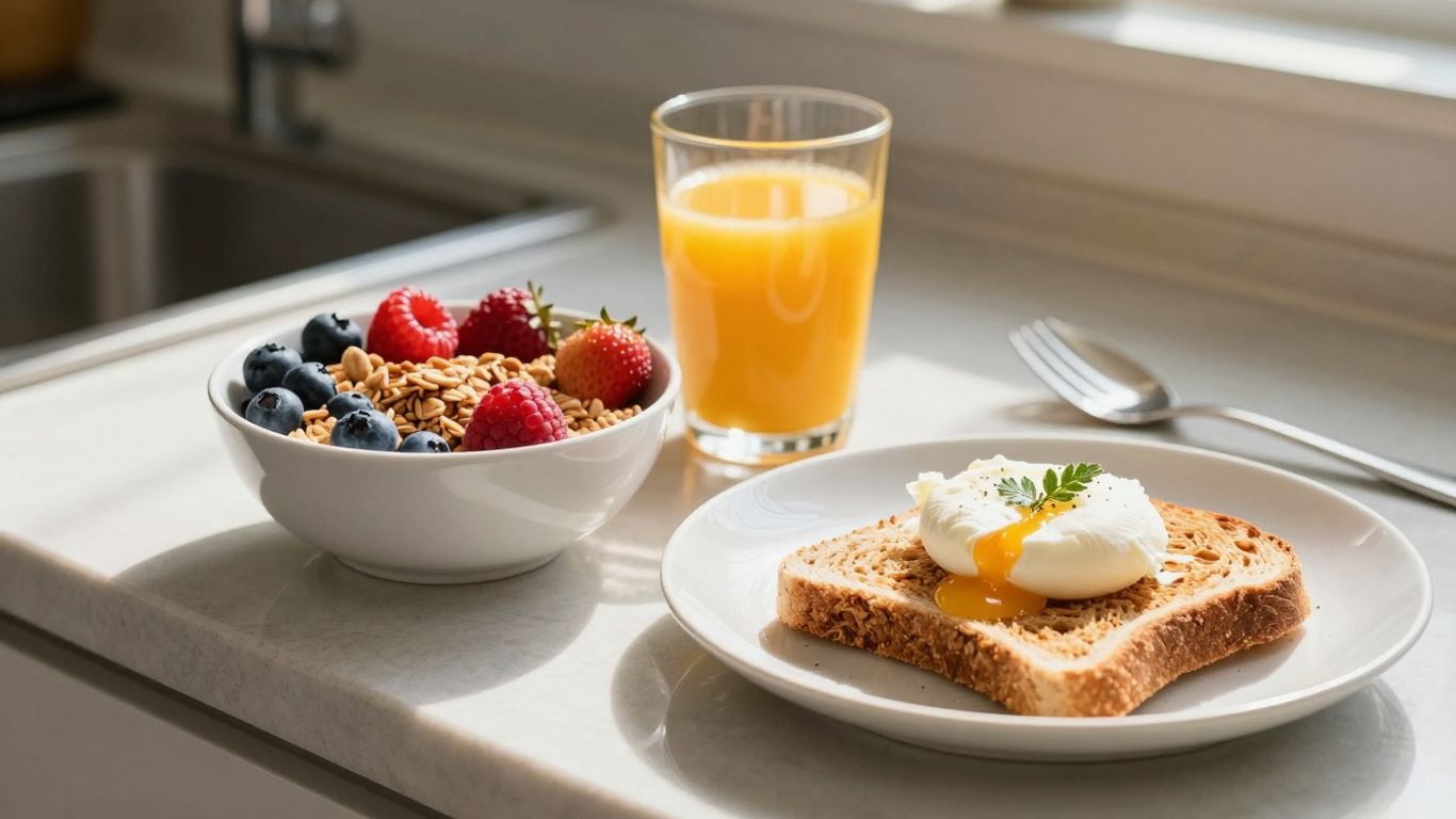 Healthy breakfast bowl with berries and toast for weight loss.