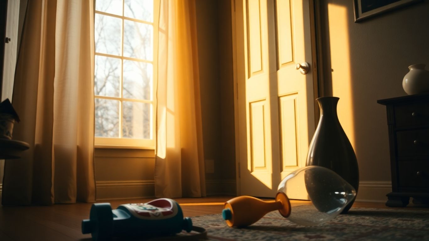 Hogar con juguete y jarrón volcado.