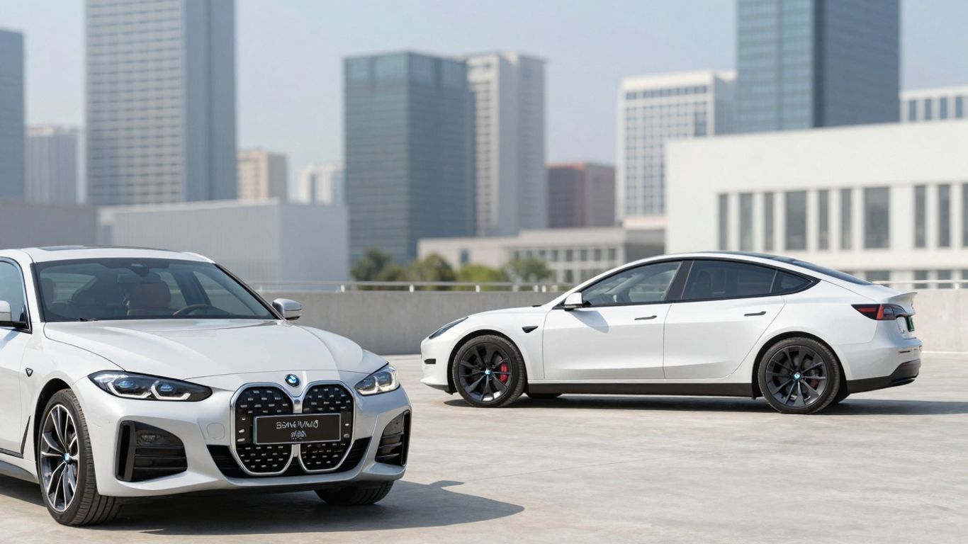 BMW i4 and Tesla Model 3 electric sedans side-by-side.