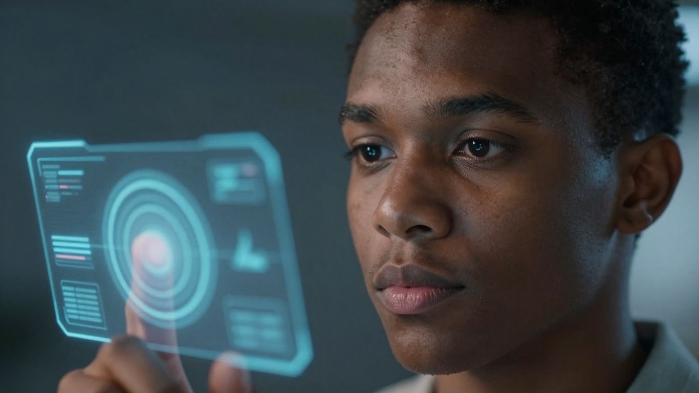 Personne interagissant avec une interface IA futuriste.