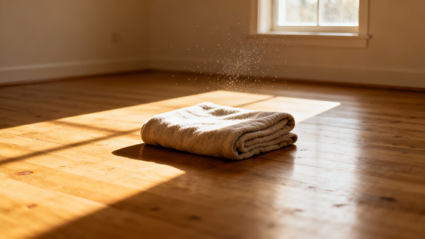 Minimalist room with a blanket and sunlight.