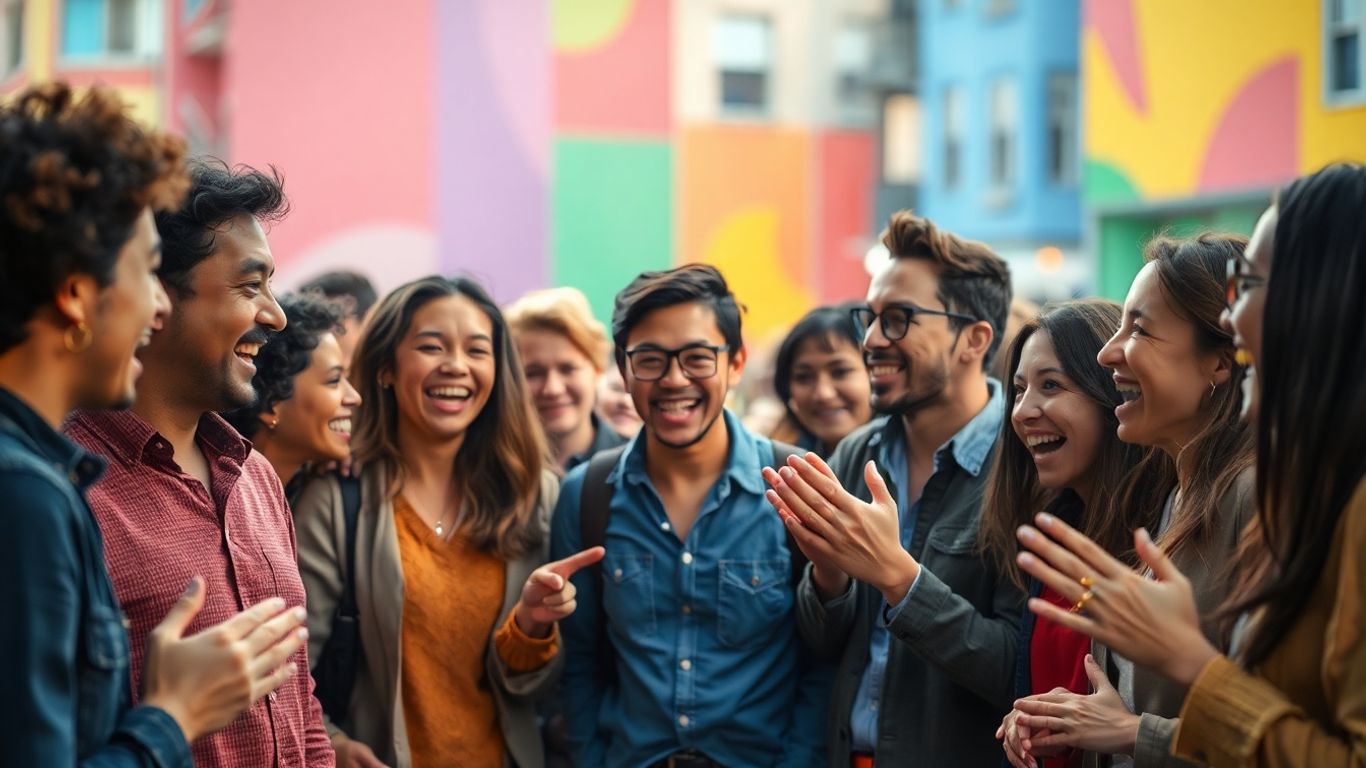 Group of people expressing emotion with dynamic movement.
