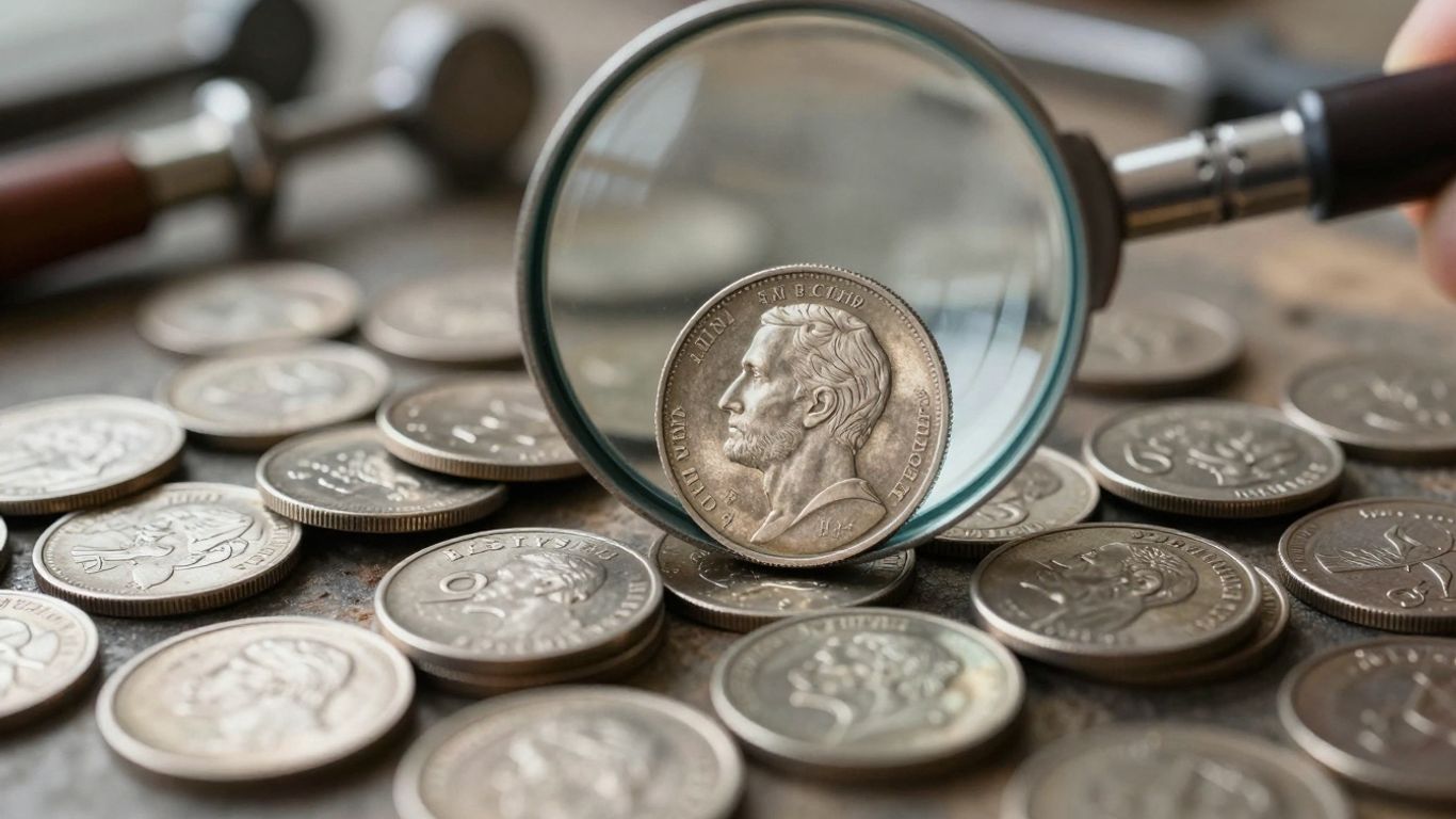 Pile of silver coins with magnifying glass