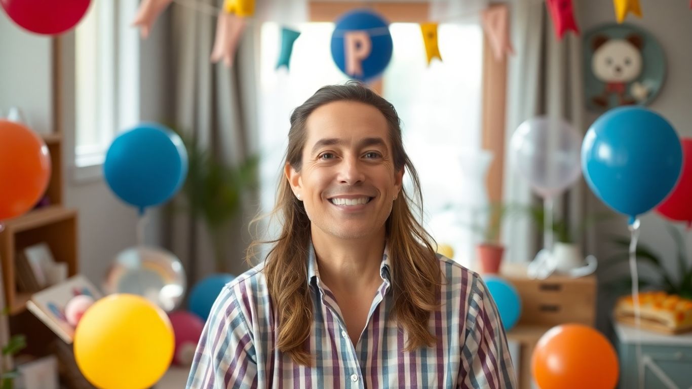 Host smiling amidst organized party decorations and balloons.