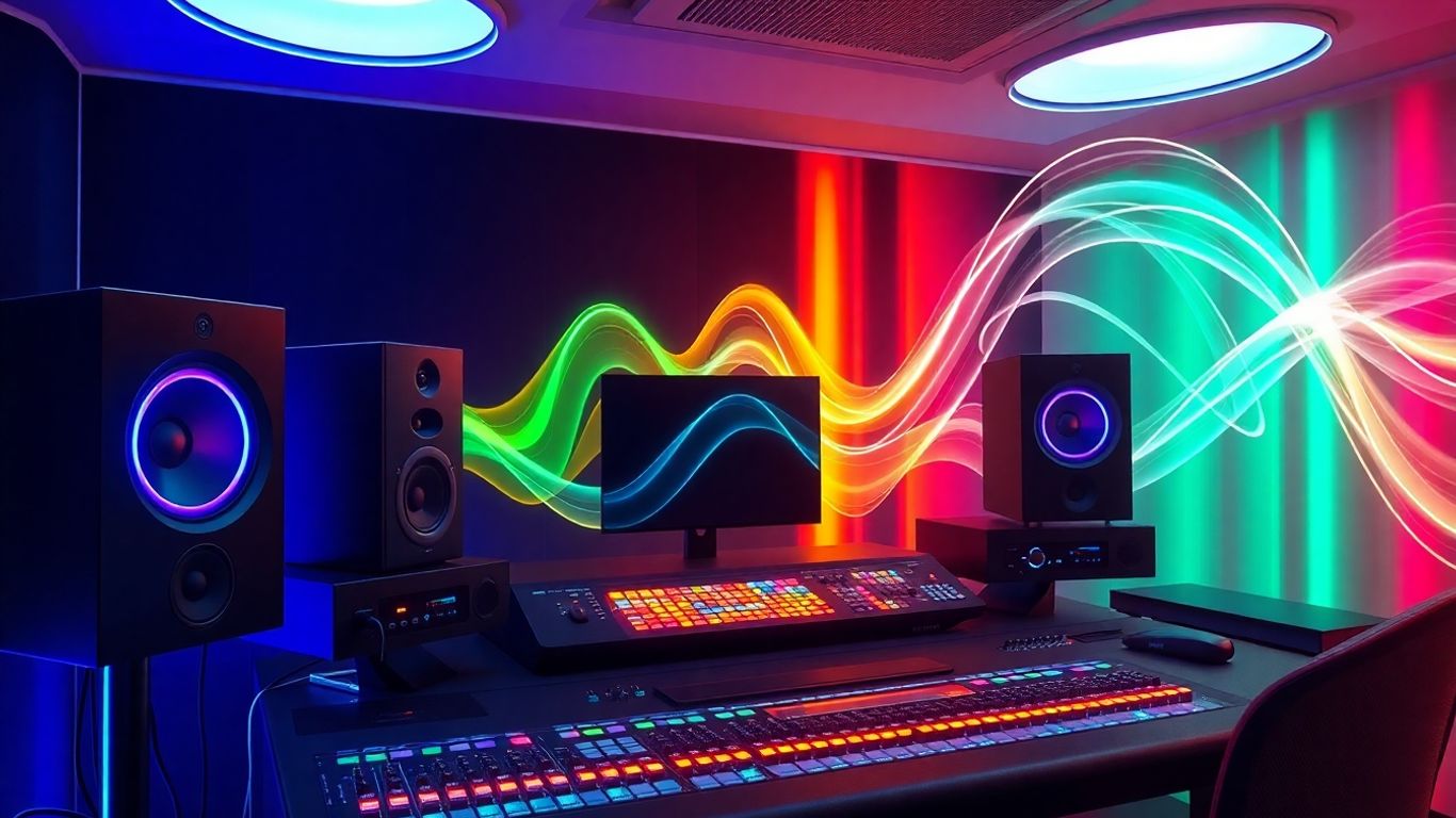 AI transforming sound waves in a futuristic music studio.