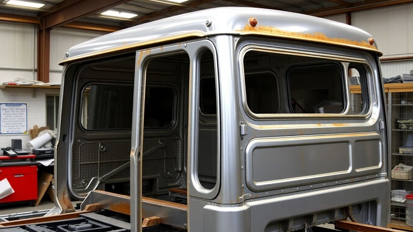Cabine de caminhão em restauração com novas peças.