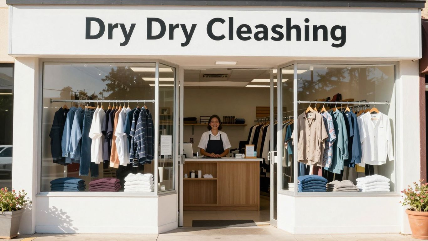 Dry cleaning storefront in Seguin with clean clothes