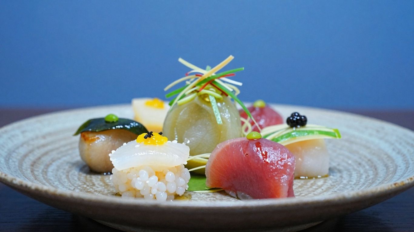 Haku restaurant's signature dish with vibrant colors and garnishes.