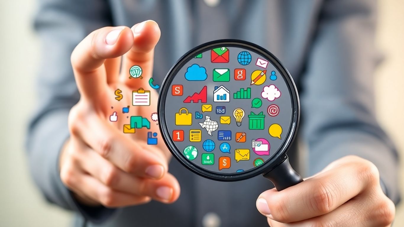 Analyse d'icônes d'entreprise avec une loupe pour choisir une formule.