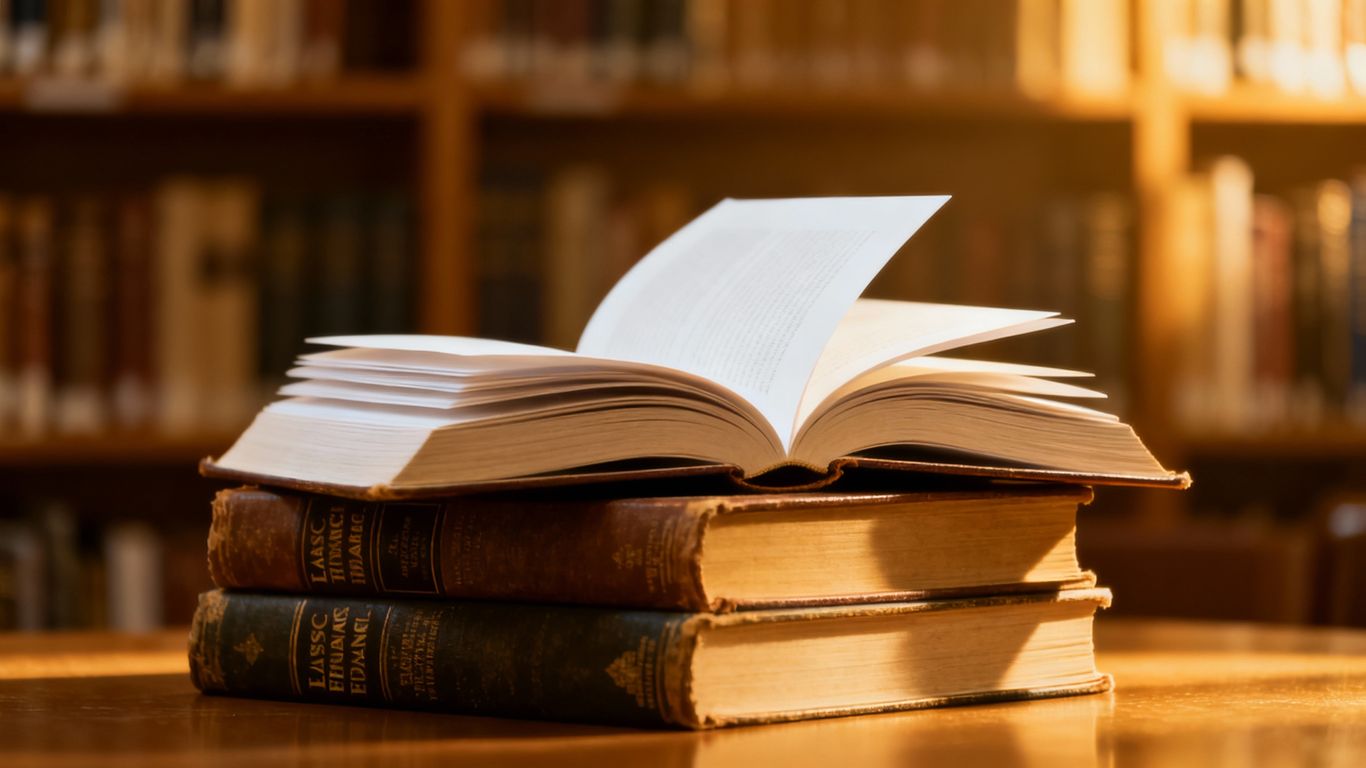 Stack of best-selling finance books on a shelf.