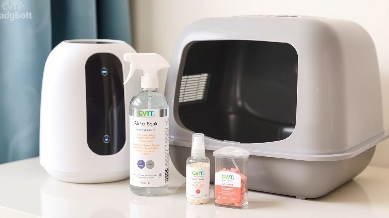 Cat litter box, air purifier, spray, and crystals for odor control.