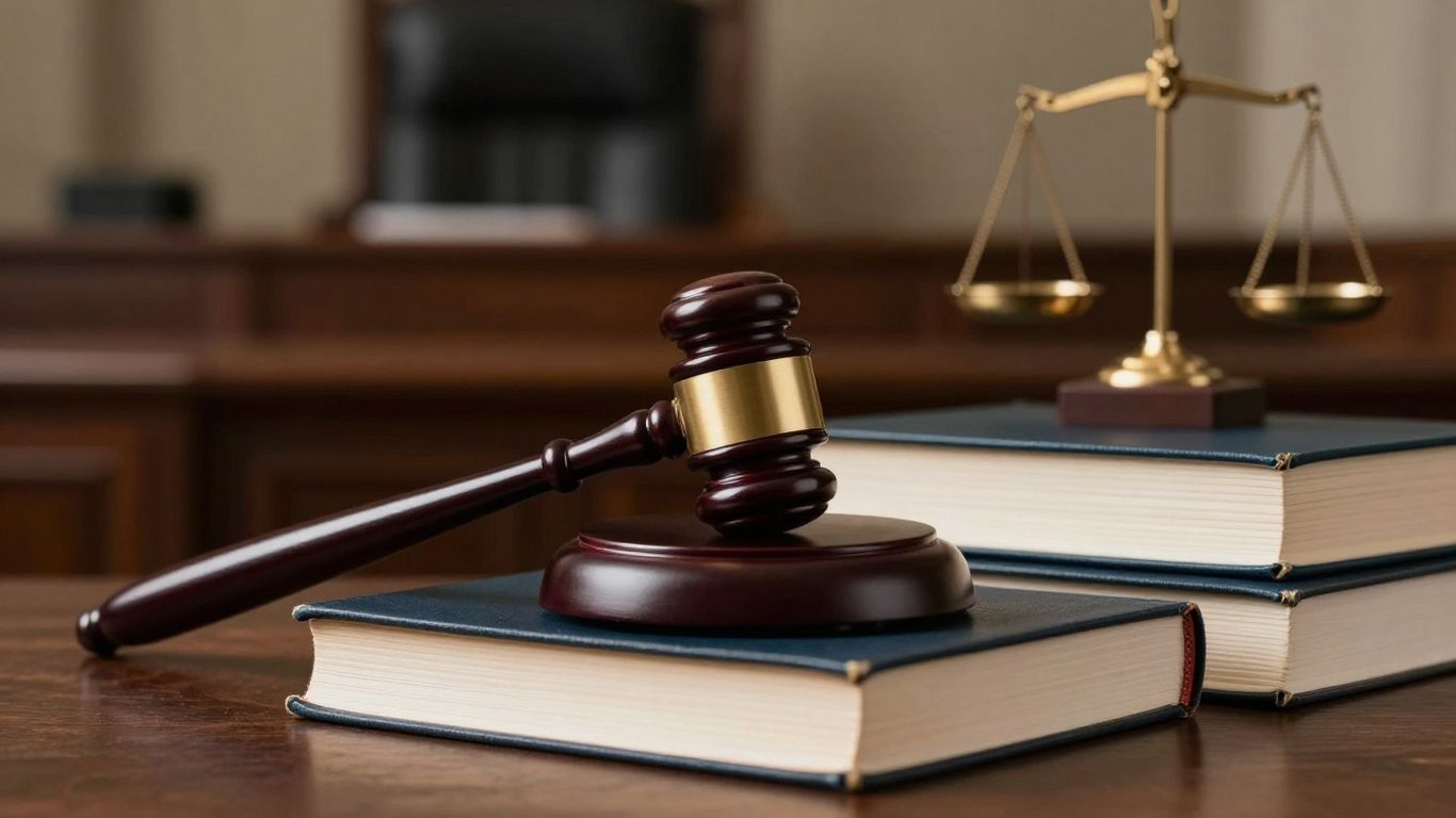 Gavel on books with courtroom elements in background.