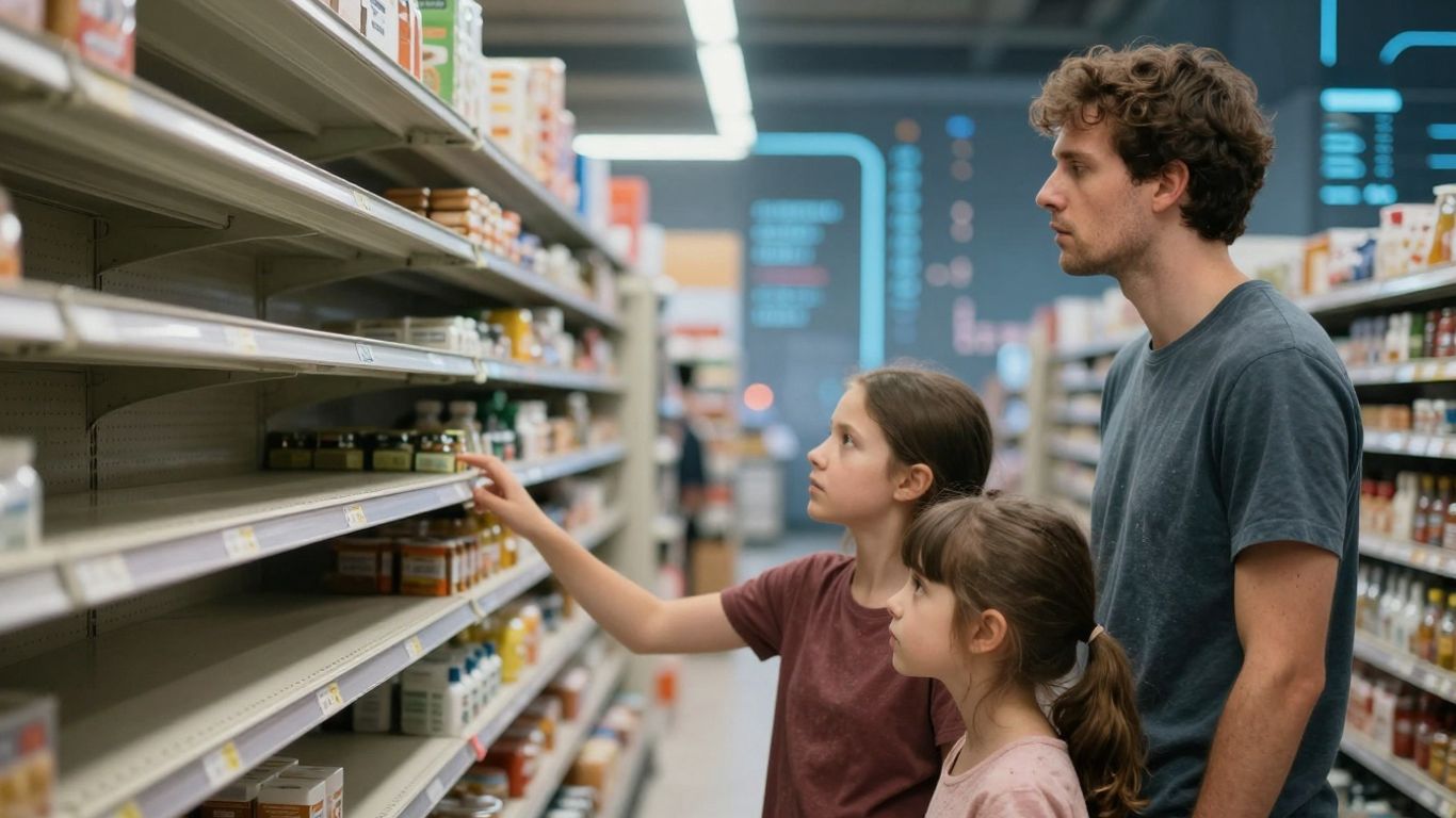 Australian family facing economic hardship, futuristic city backdrop.