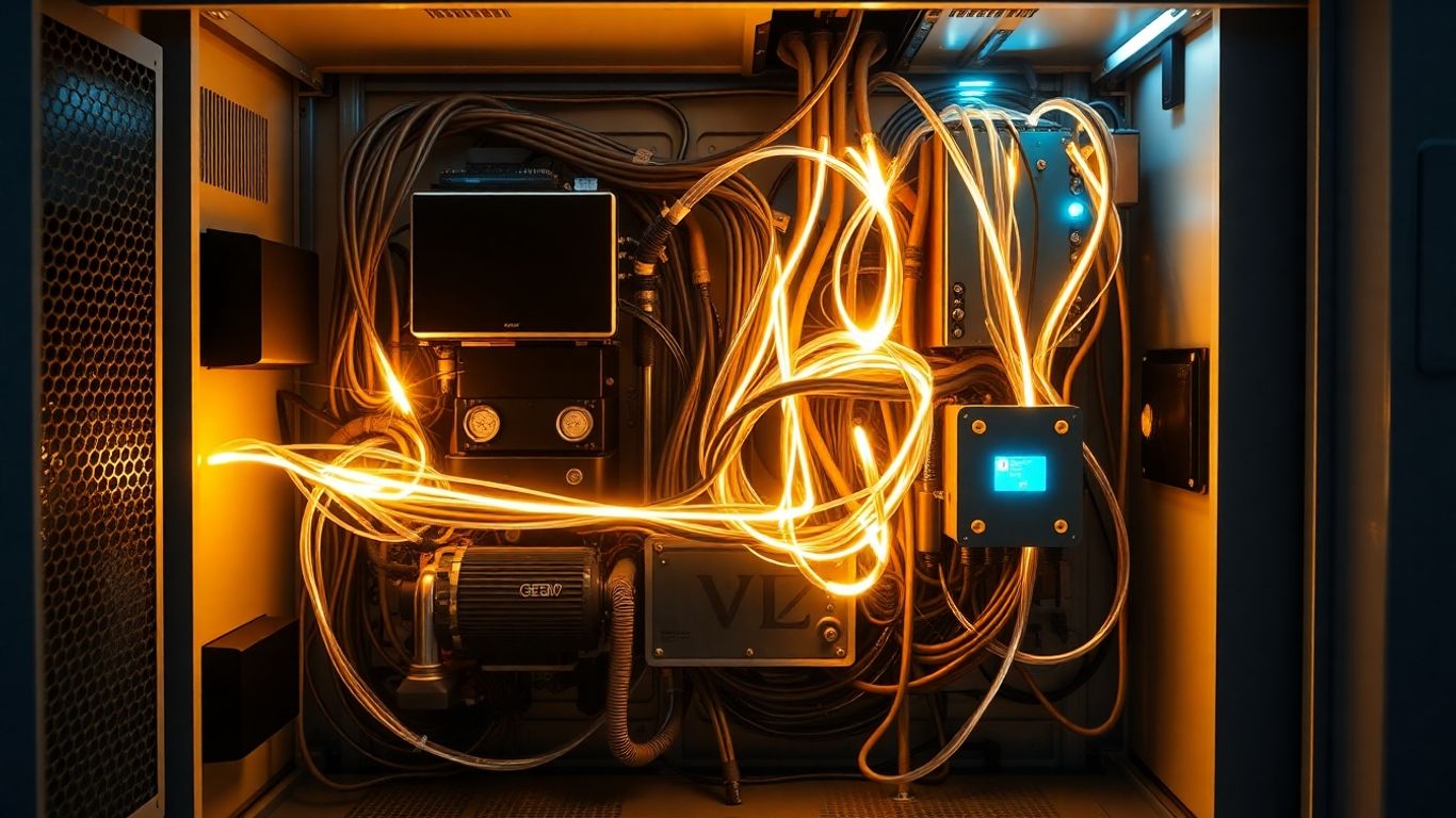 Inverter with illuminated electrical circuits and energy flow.