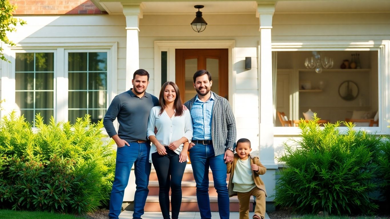 Familia frente a casa protegida y segura
