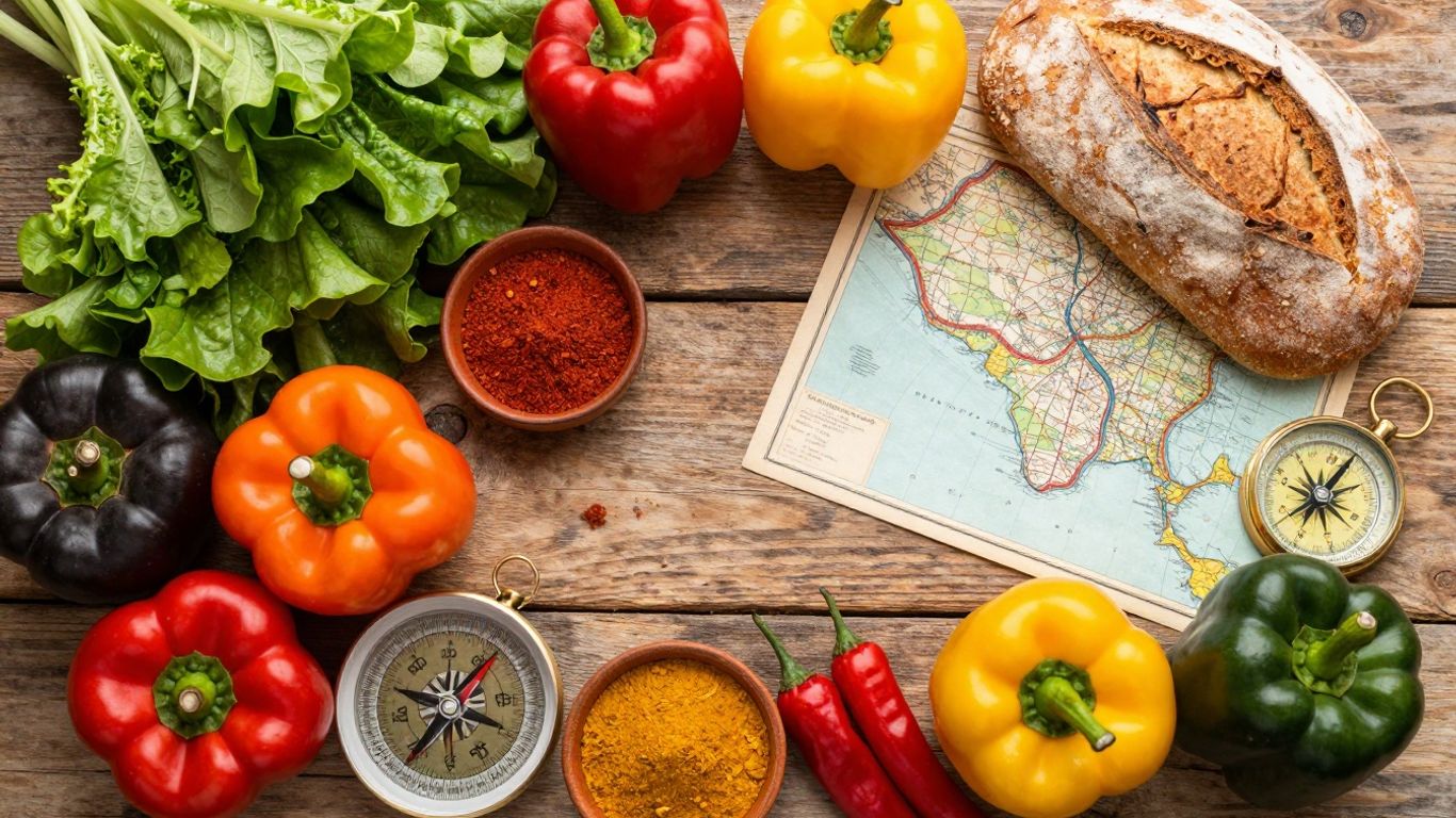 Ingrediente proaspete și o hartă veche pentru o călătorie culinară.