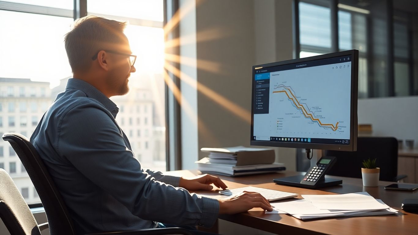 Freight broker working in an office.