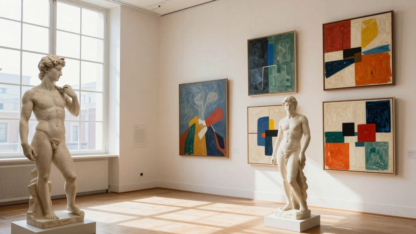 Vielfältige Kunstwerke in einer hellen Galerie