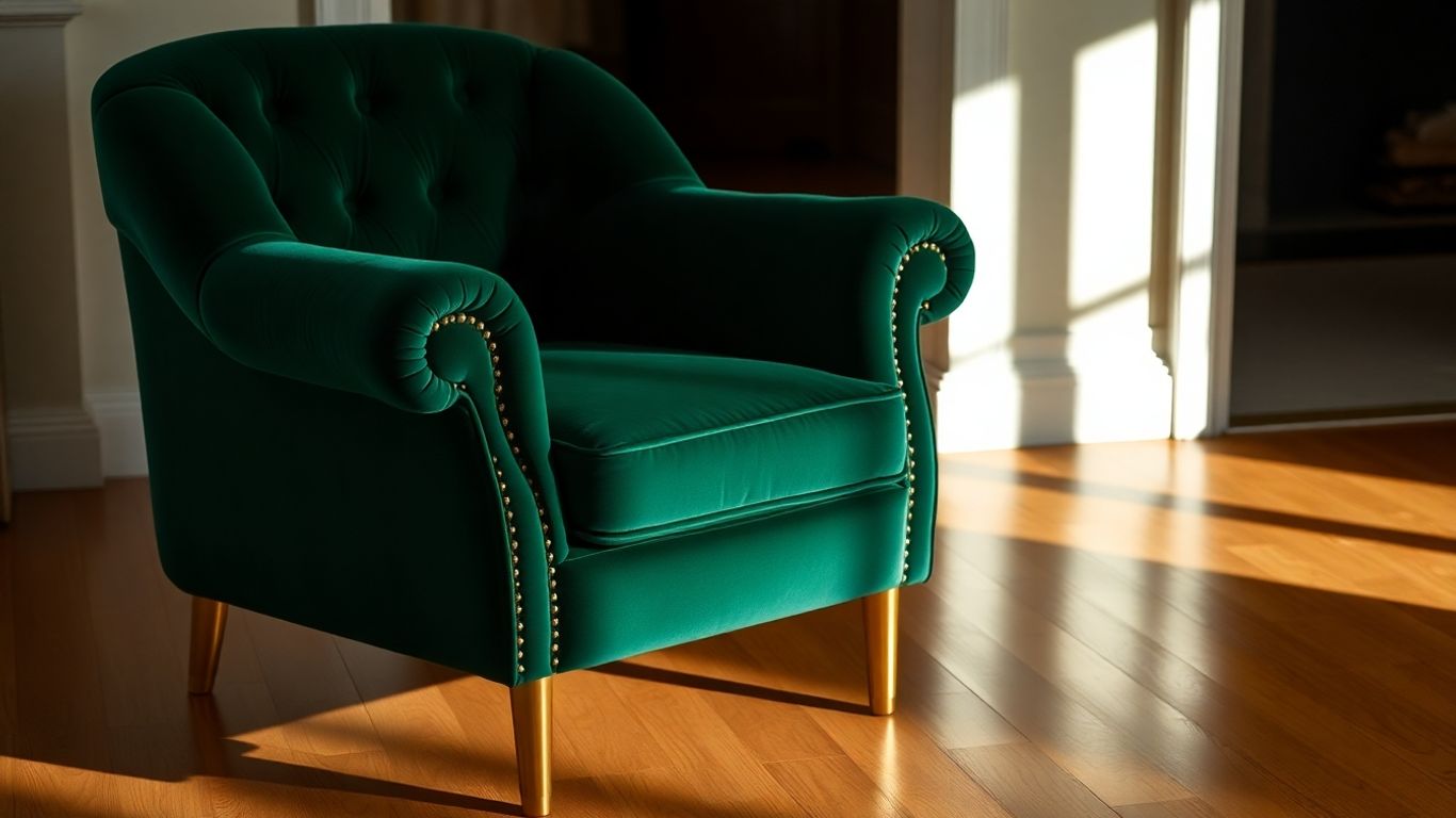 Plush emerald velvet armchair with golden legs.
