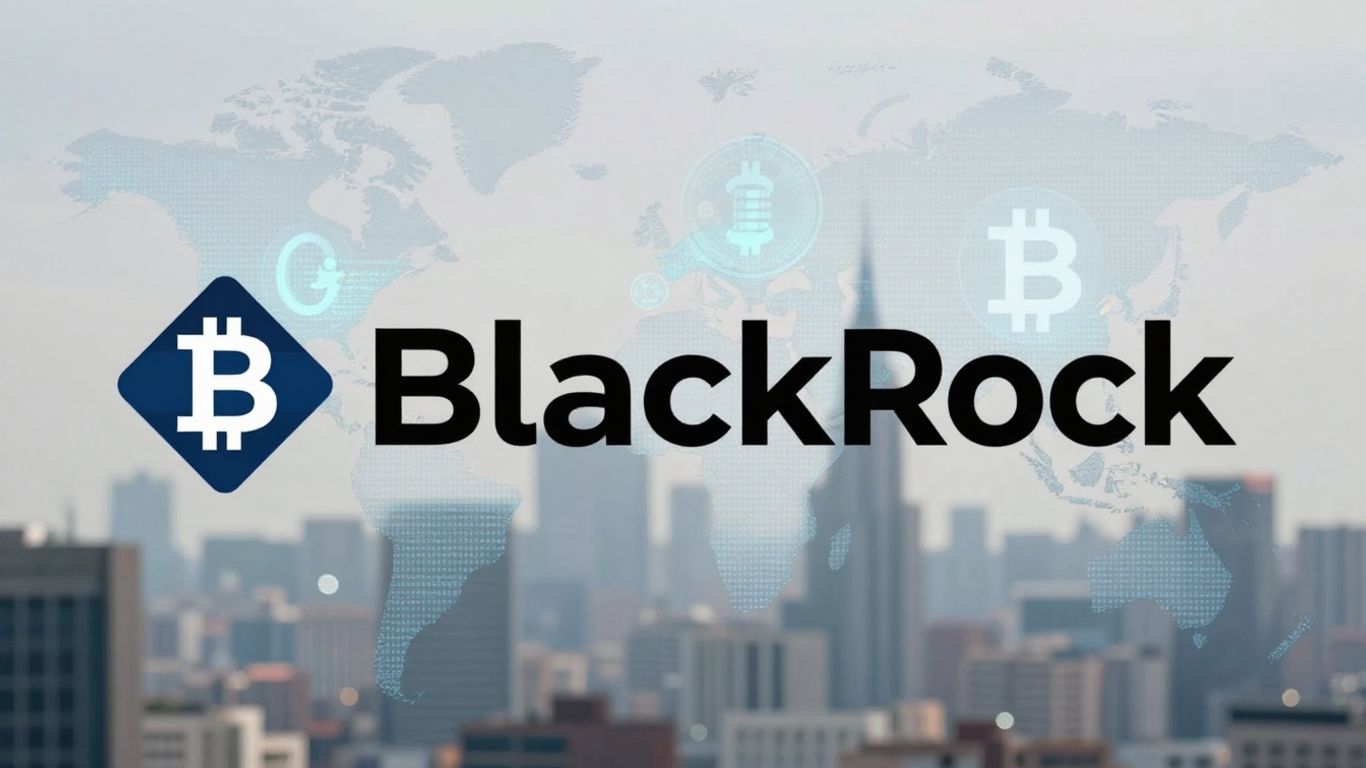BlackRock logo with digital currency symbols and cityscape.