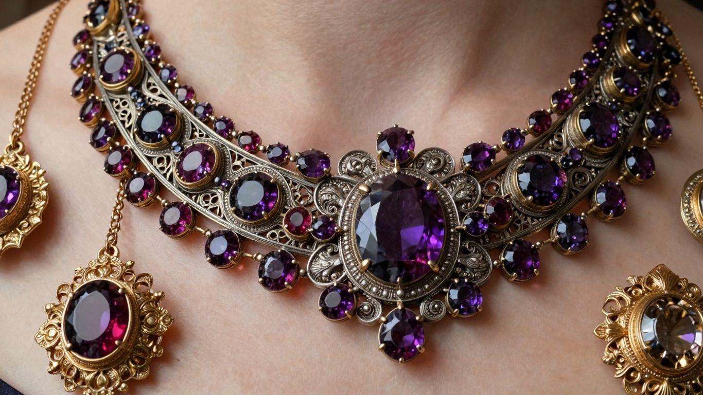 Intricate Victorian jewellery with gemstones and detailed metalwork.