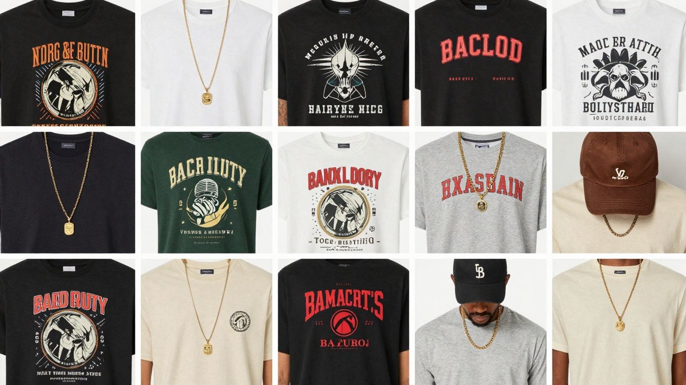 Stylish graphic tees with various accessories for personalization.