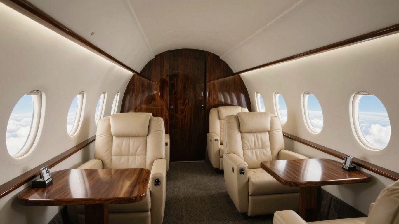 Luxurious private jet cabin interior with plush seating.