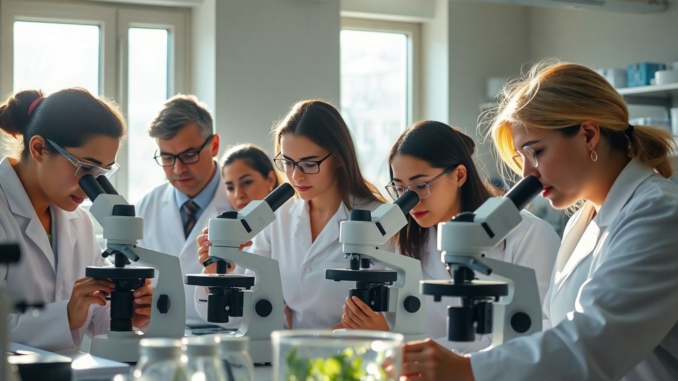 Scientifiques travaillant dans un laboratoire avec des microscopes.