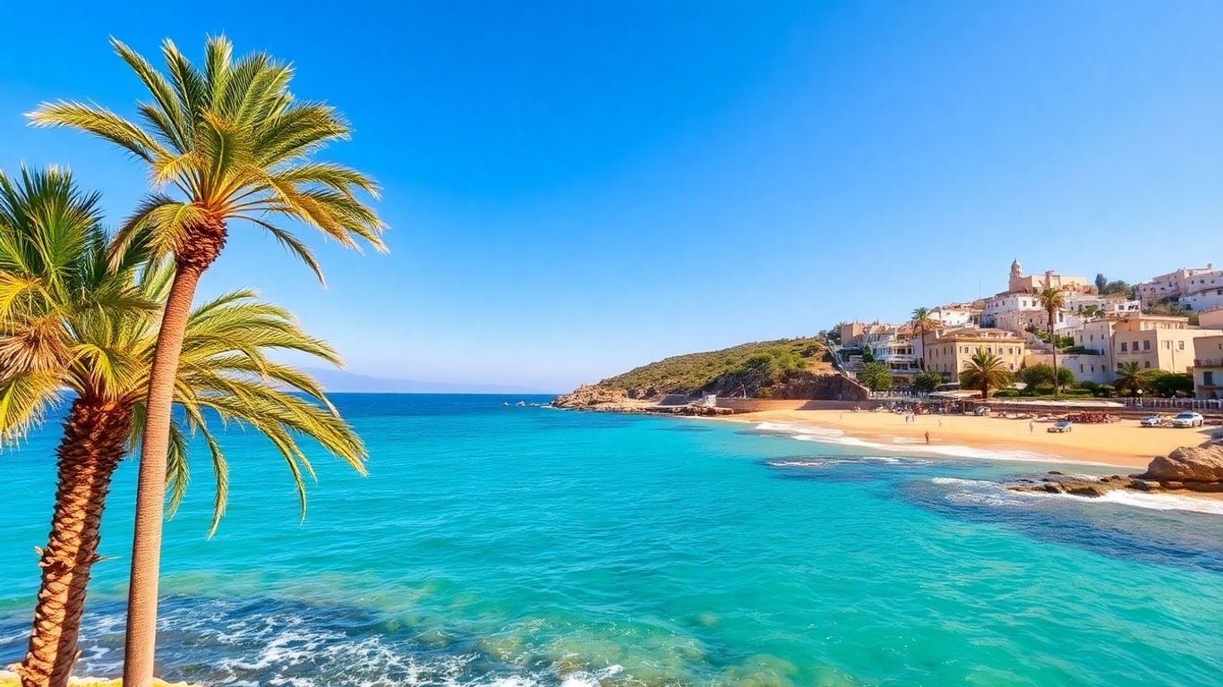 Sunny European coastline with beaches and palm trees.