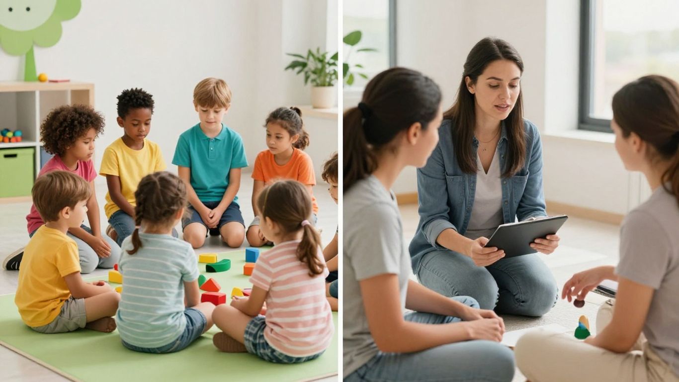 Children learning and parents consulting with a therapist.
