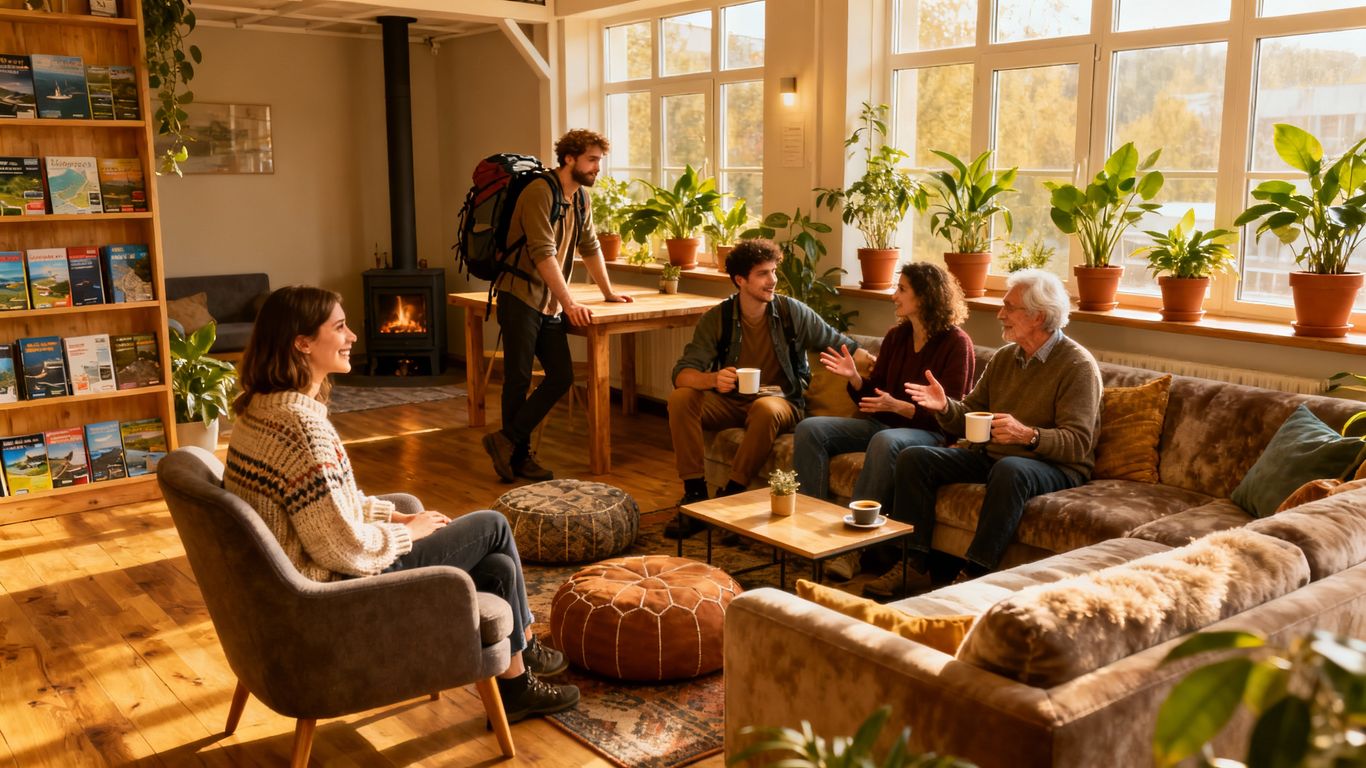 Diverse travellers enjoying a safe and welcoming hostel common area.