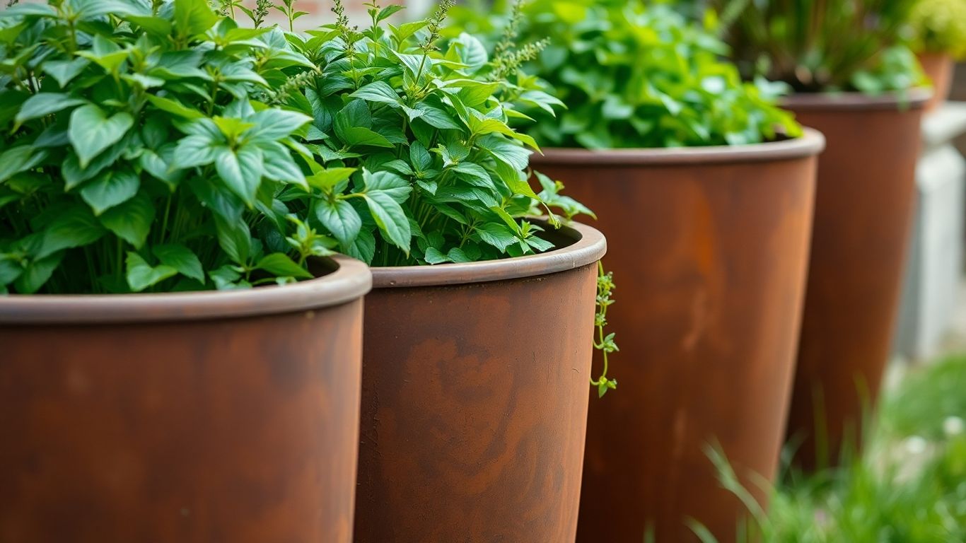 Weathered Corten steel planters with green plants in a garden.