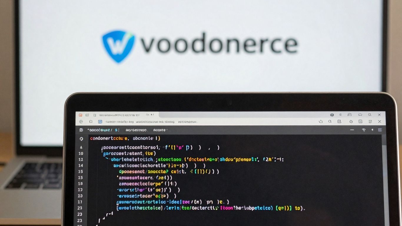 Laptop screen with code and WooCommerce logo