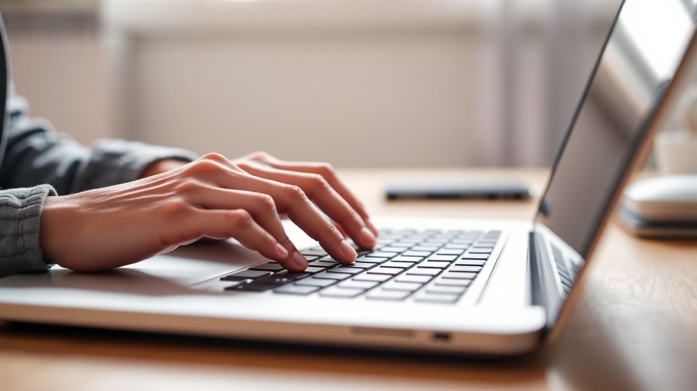Hands typing on a laptop, digital success concept.