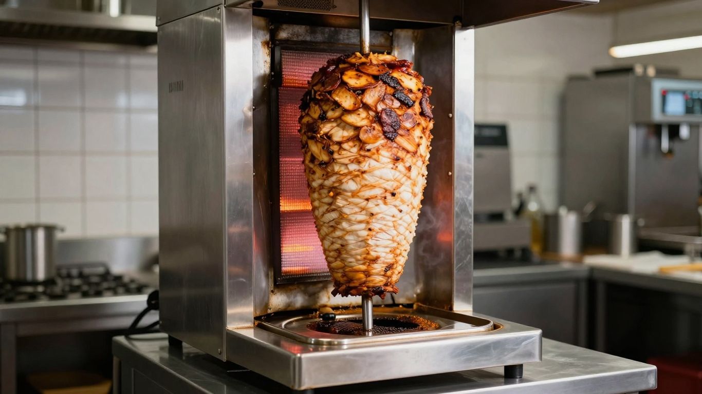 Professional doner kebab machine with rotating meat spit.