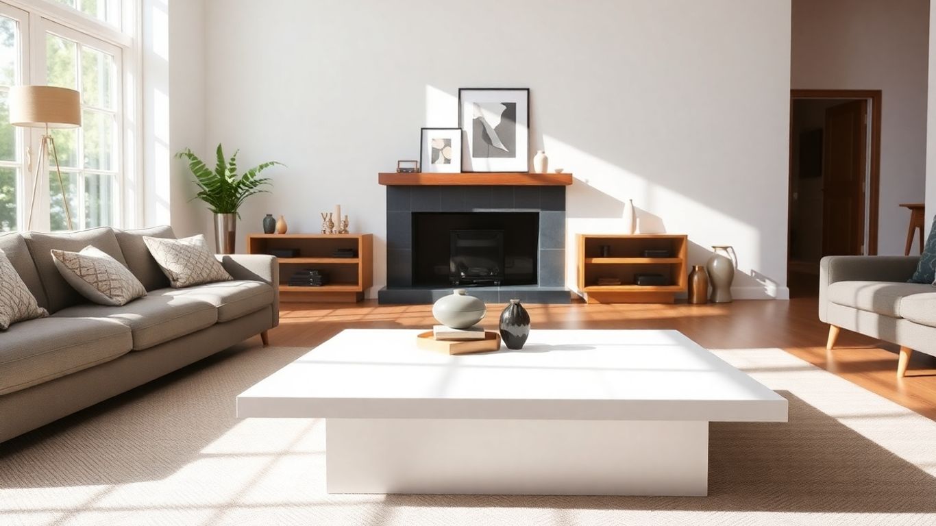 Long white coffee table styled in a modern living room.