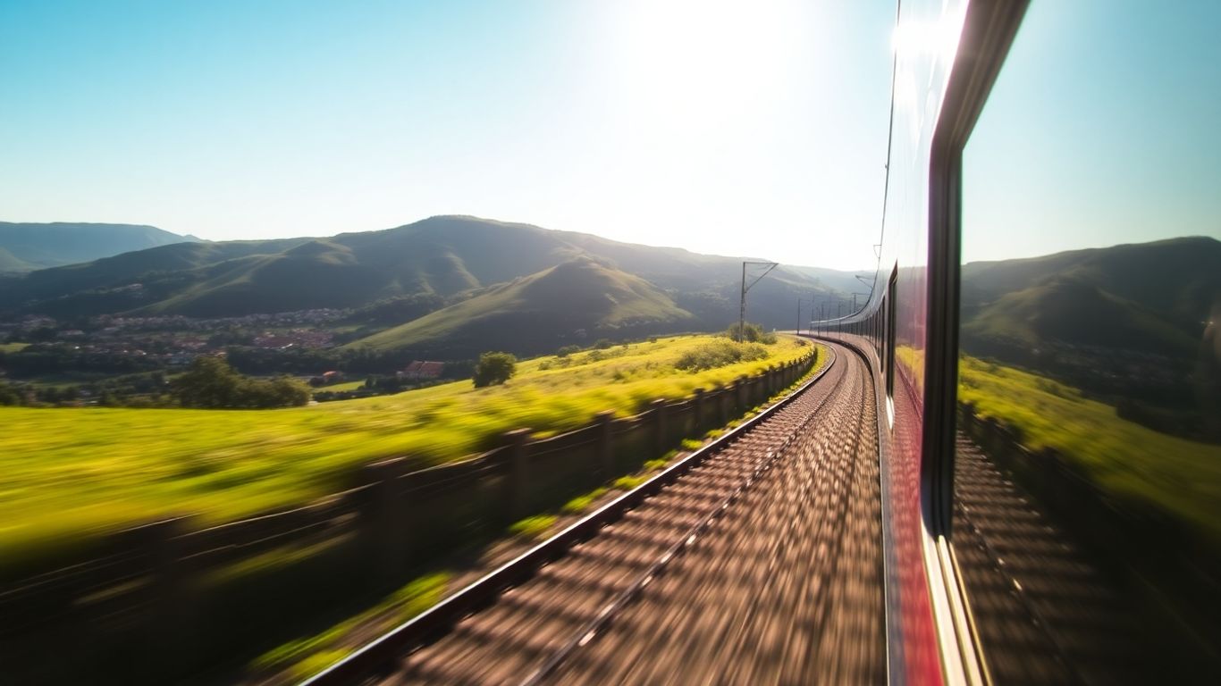 Comboio a viajar para Tomar com paisagem verde.