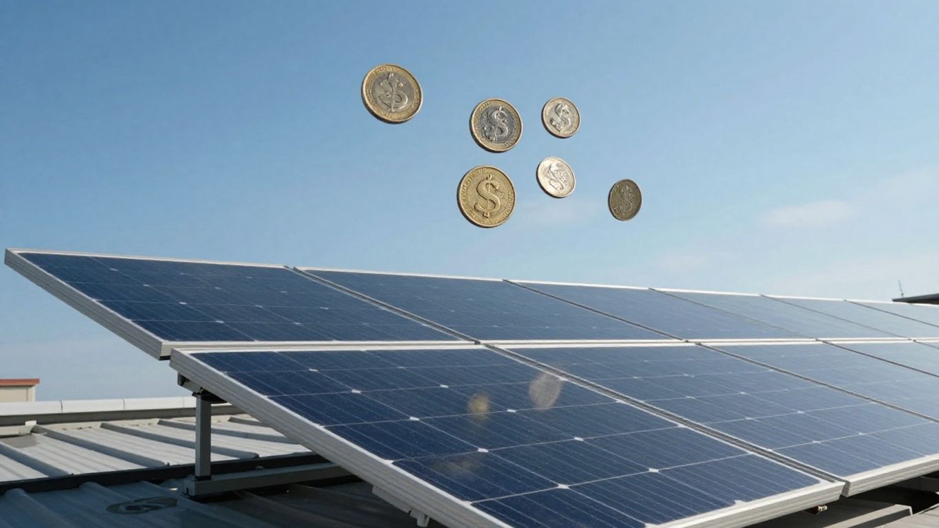 Solar panels and money on a roof.