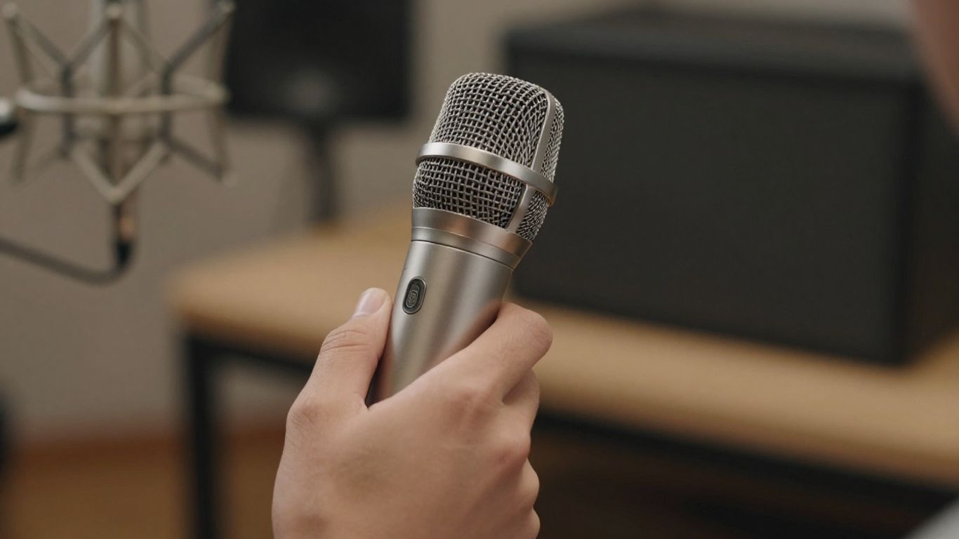 Persona grabando un podcast con un micrófono.