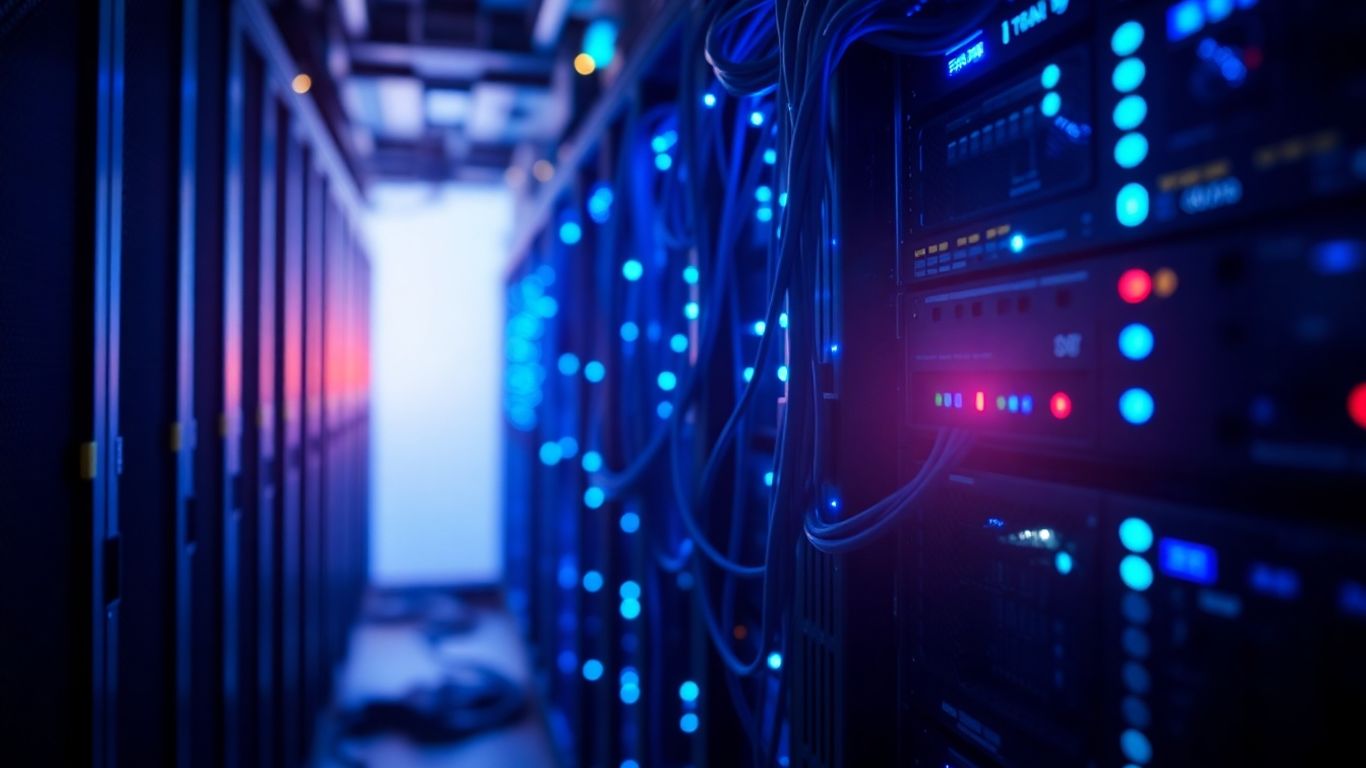 Server rack with glowing lights and cables