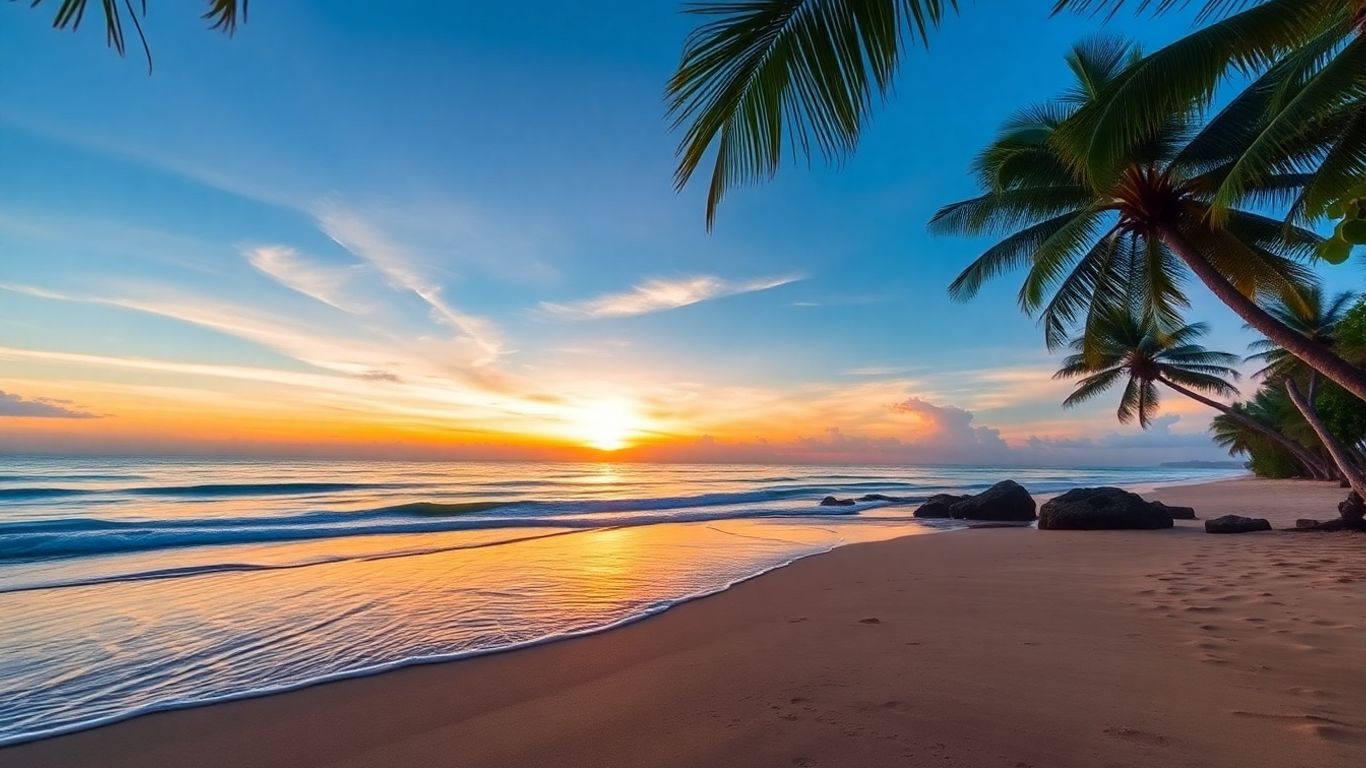 Serene Balinese beach at sunset with palm trees.