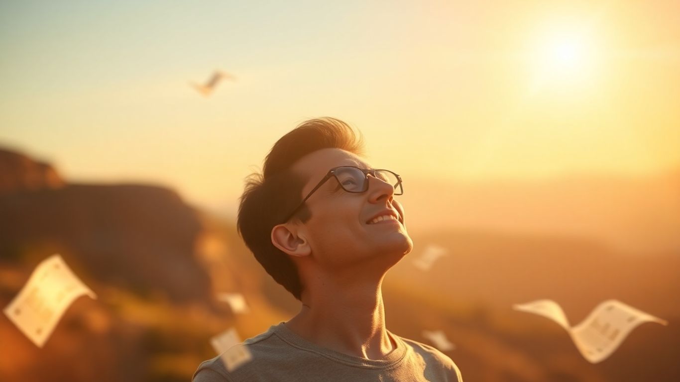 Person looking towards a bright future with financial elements.